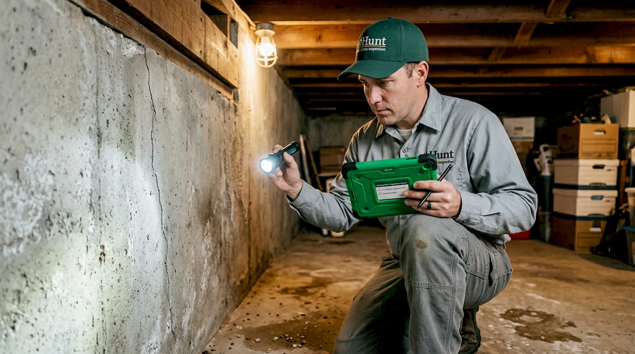 Inspector inspecting basement structural defects