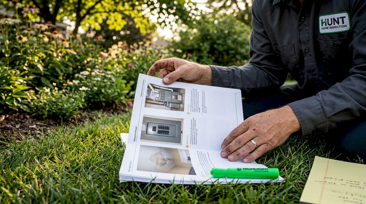 Hands holding detailed home inspection report