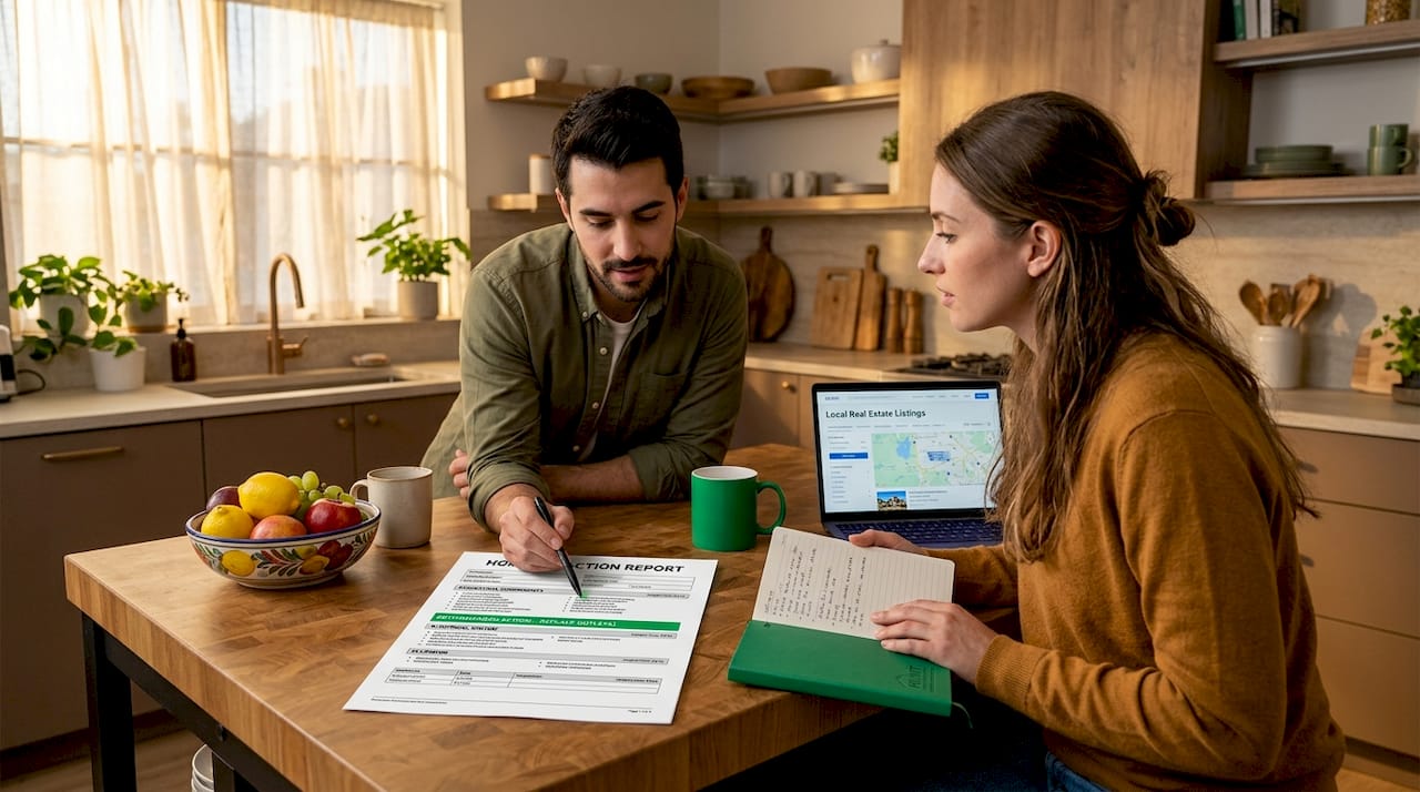 Couple reviewing home inspection report at kitchen table