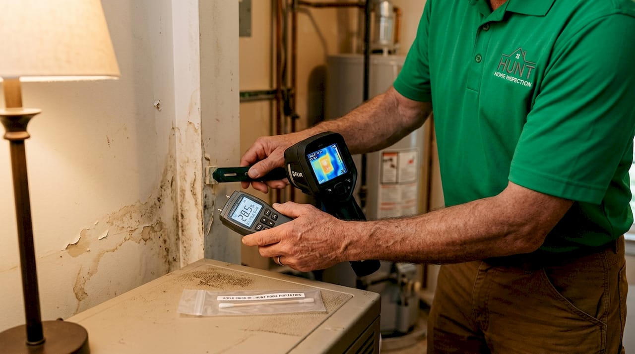 Inspector using moisture meter and thermal camera