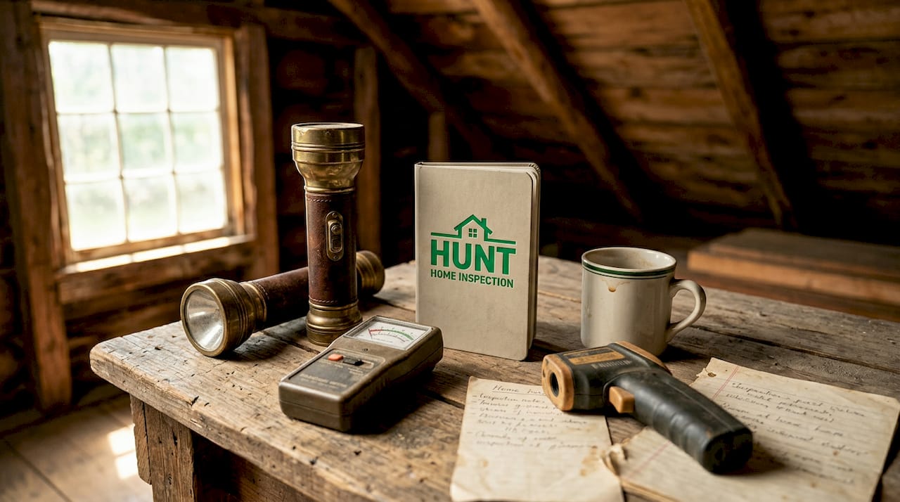 Inspection tools on rustic basement workbench