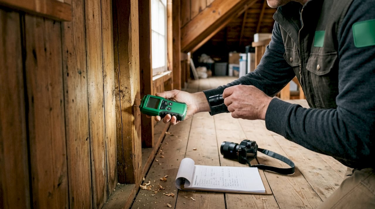 Hands holding tools inspecting attic wall closely