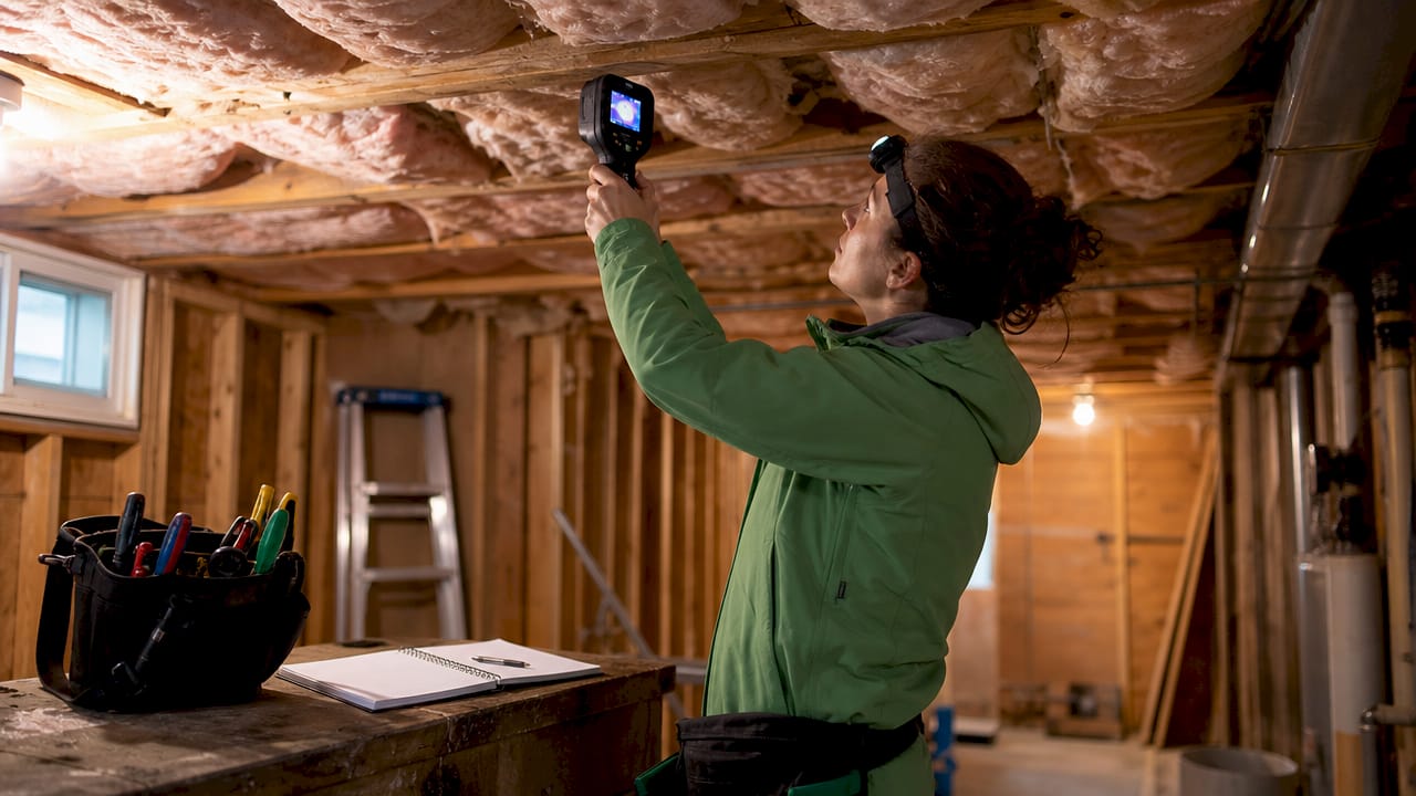 Home inspector scanning basement pipes