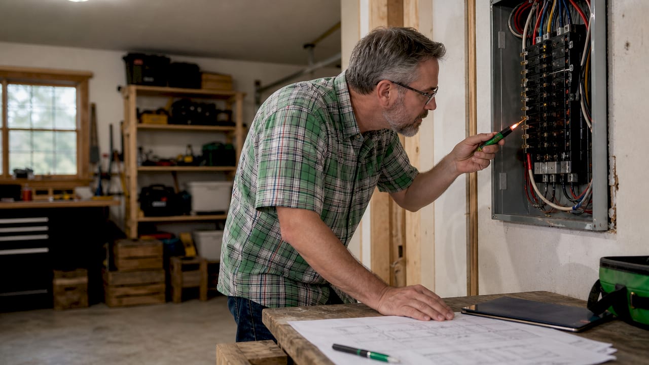 Inspector examining electrical wiring in basement