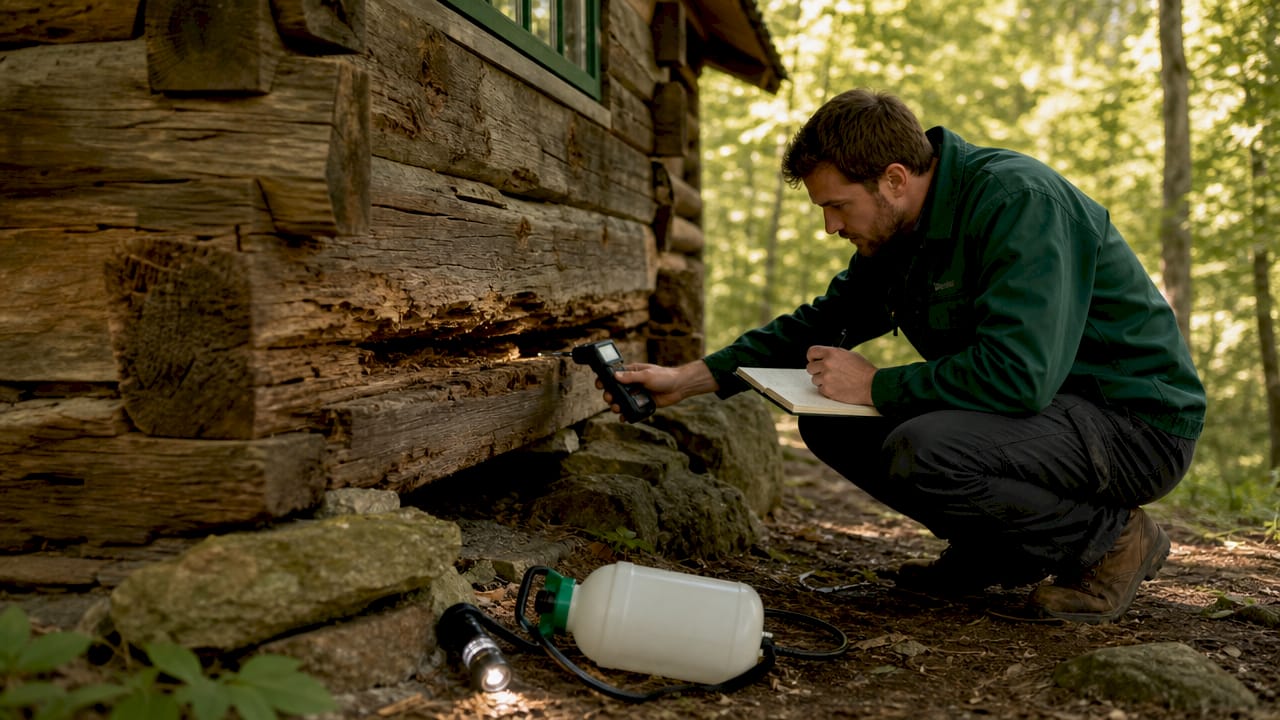Technician inspecting wood for termite damage outdoors