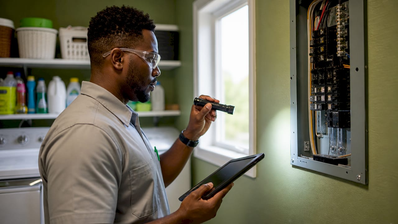 Inspector checking electrical panel in basement