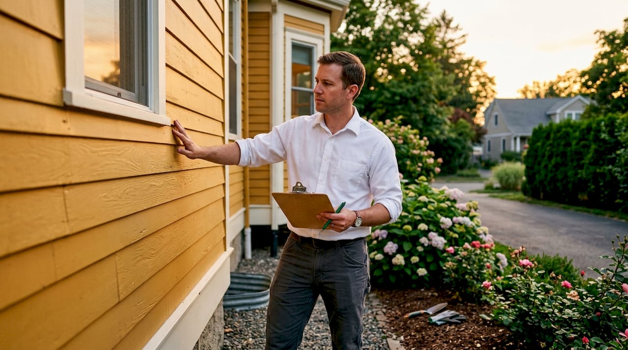 Inspector examining house foundation outdoors