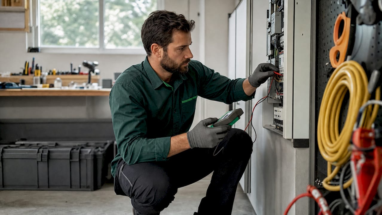 Technician testing electrical panel for utilities
