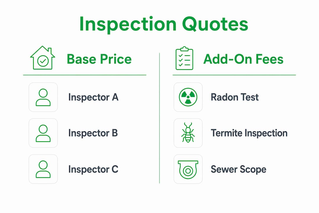 Infographic comparing base price and add-on fees for home inspection quotes