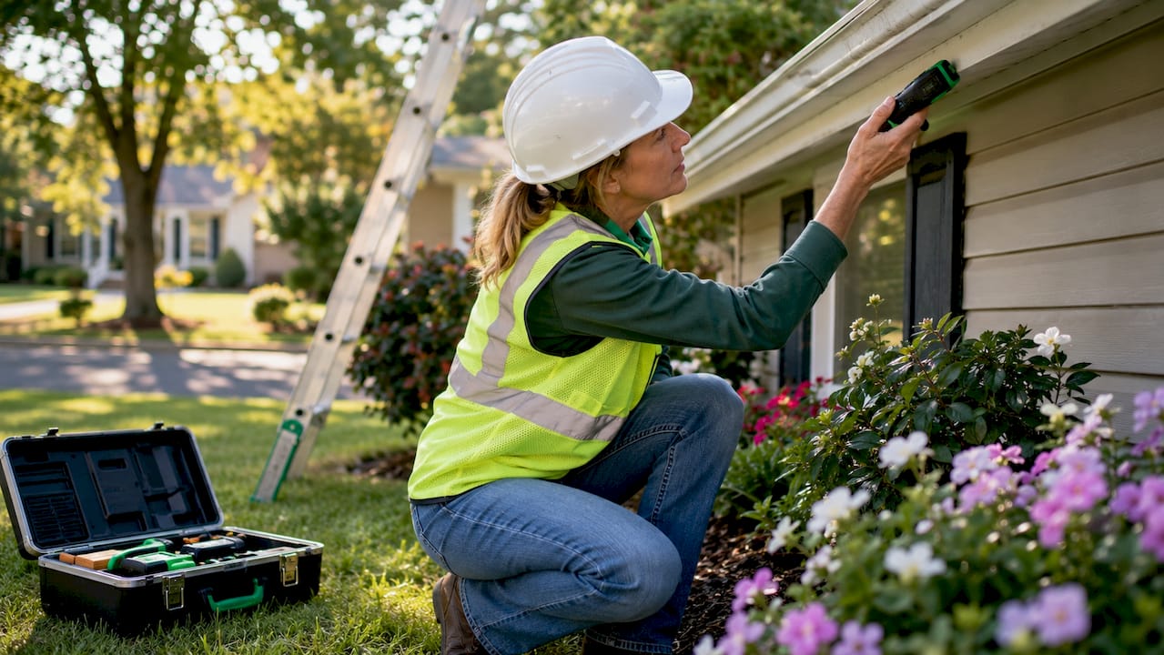Female property inspector checking roof exterior