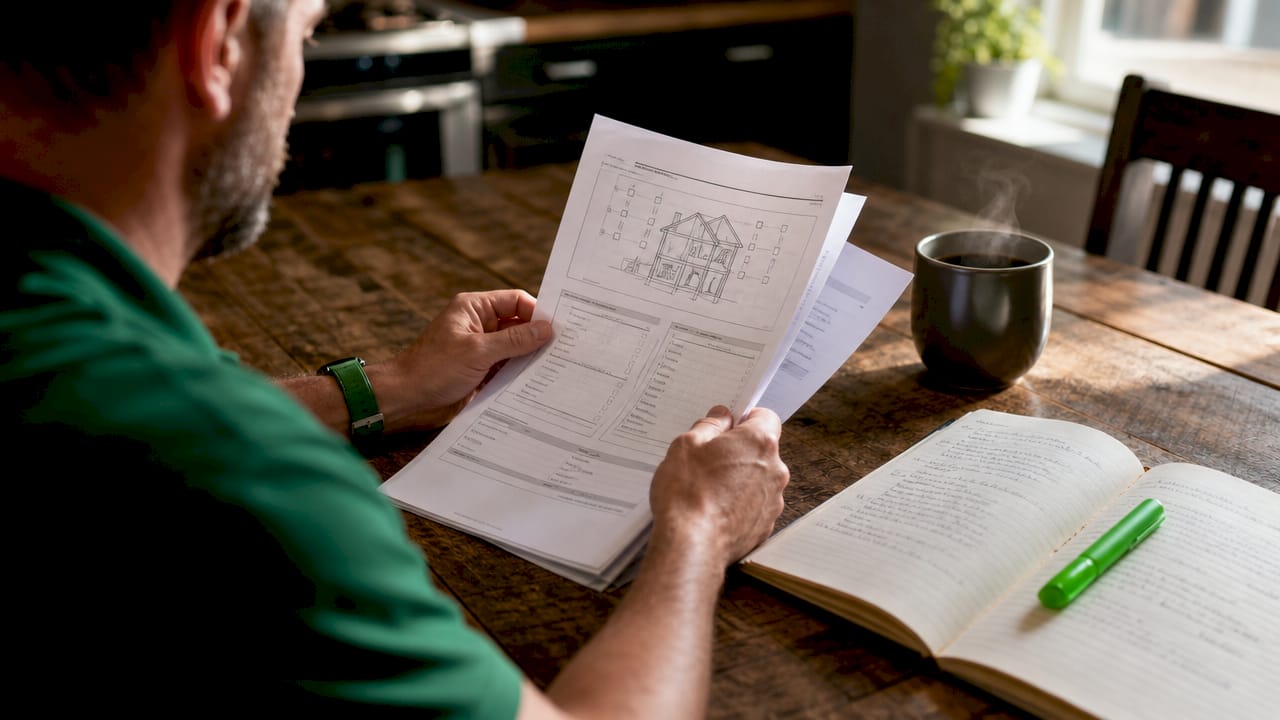 Hands reviewing home inspection report papers