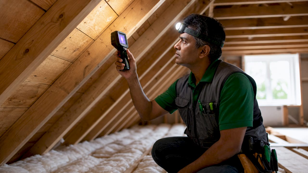 Inspector using thermal camera in attic