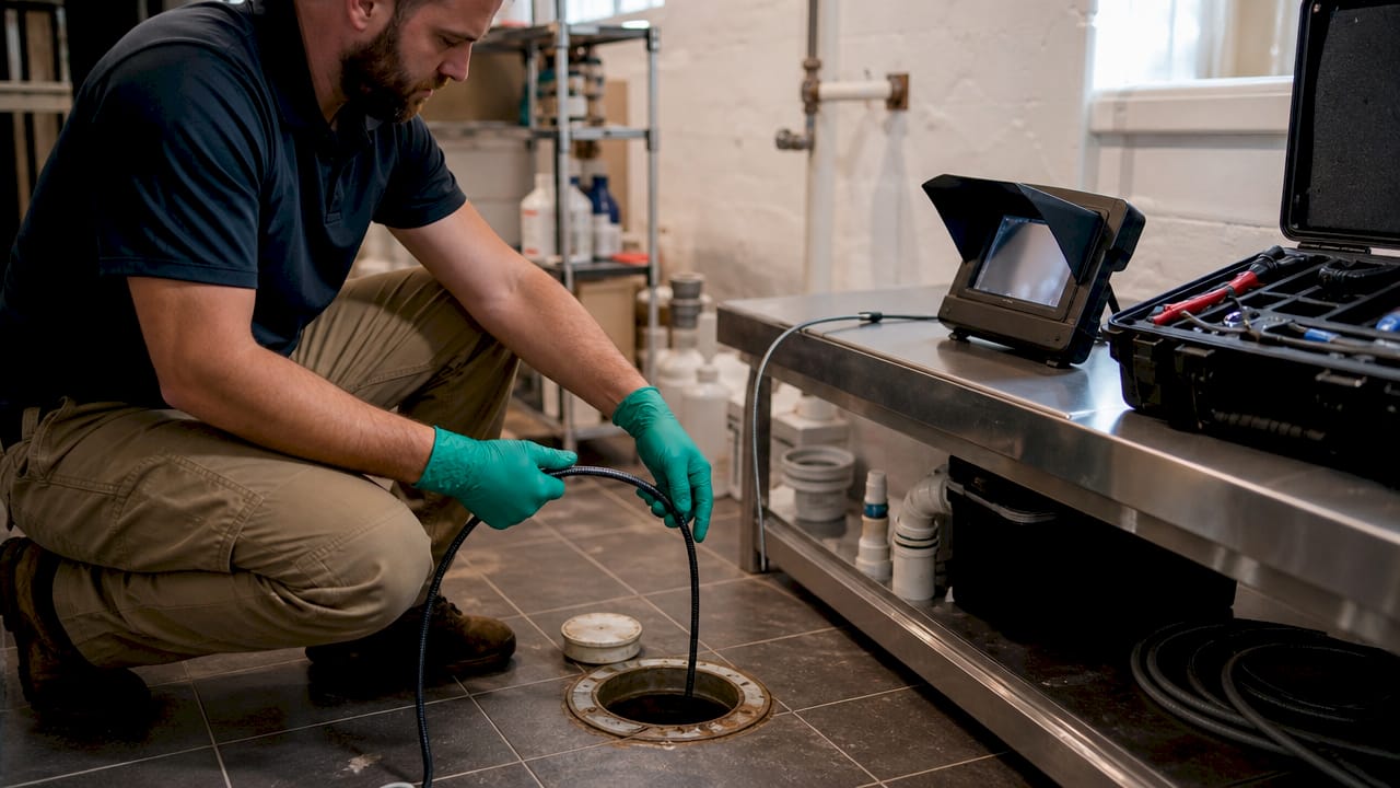 Plumber inserting sewer scope camera into pipe