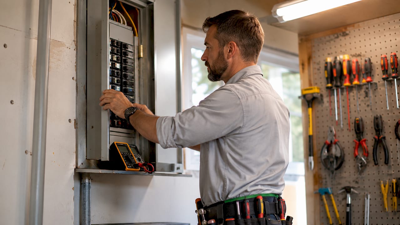 Home inspector inspecting electrical panel closely