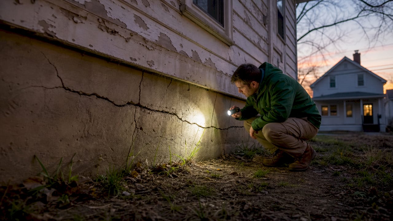 Home inspector examining foundation cracks outdoors