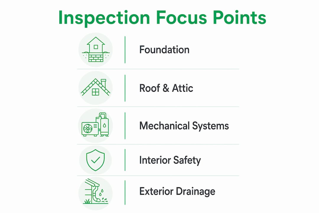 Infographic illustrating top home inspection focus areas