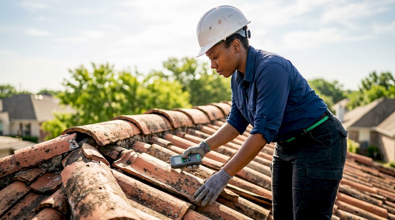 Female inspector checking roof shingles closely