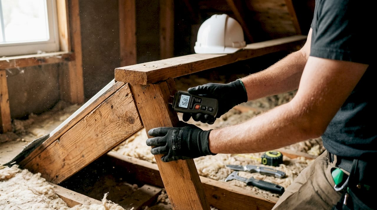 Roof professional checking moisture in attic wood