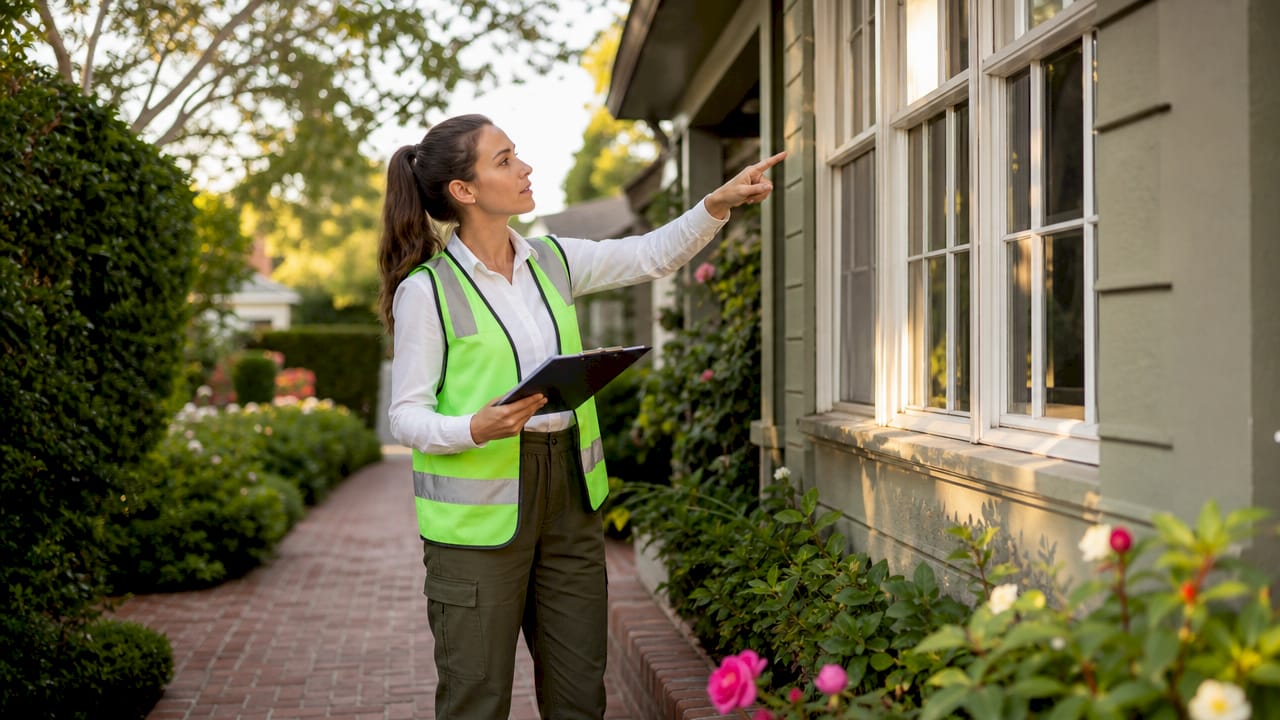 Female inspector checking exterior of rental house
