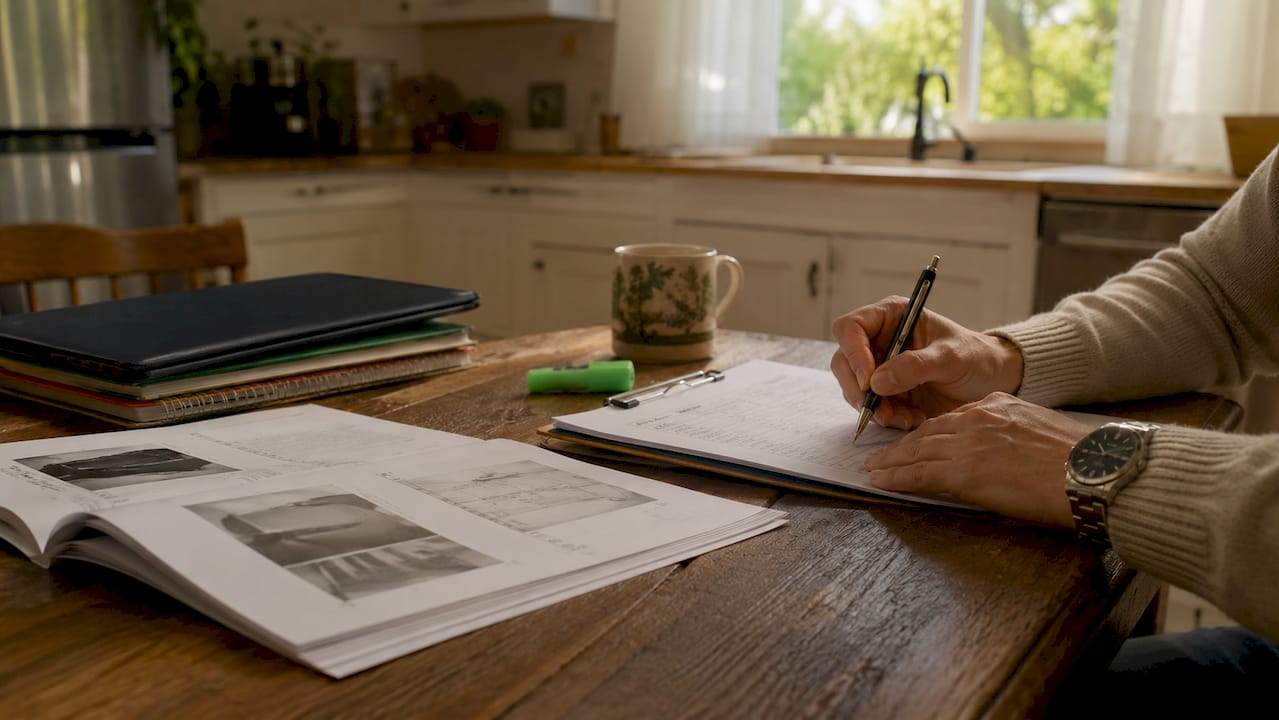 Hands writing on inspection report at desk