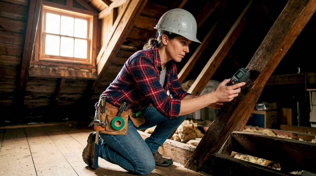 Engineer testing load-bearing beams in basement