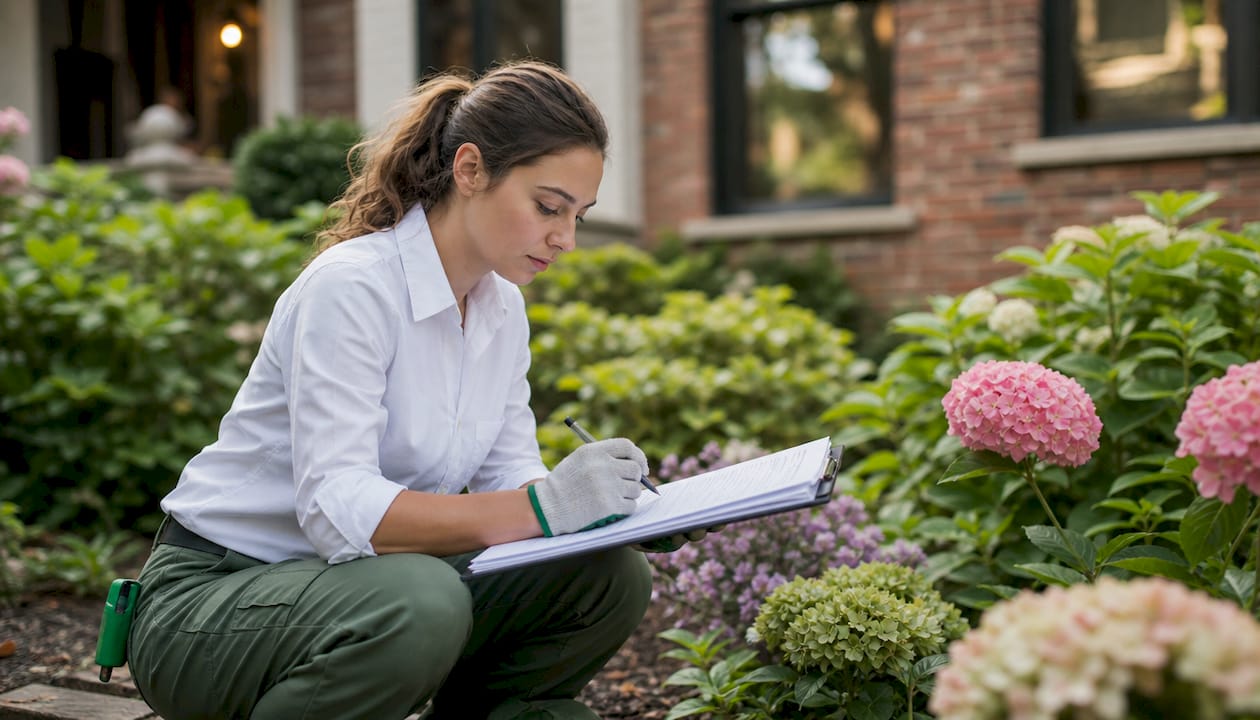 Inspector's hands reviewing home inspection checklist outdoors