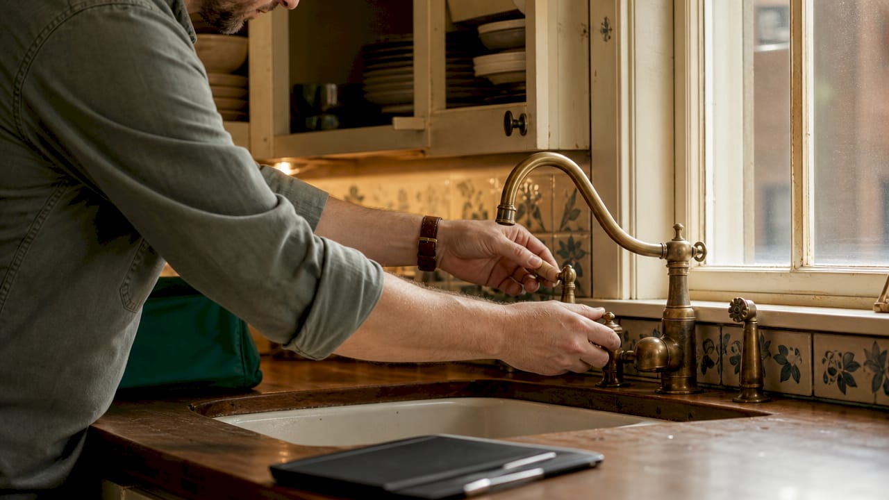 Inspector testing condo kitchen faucet