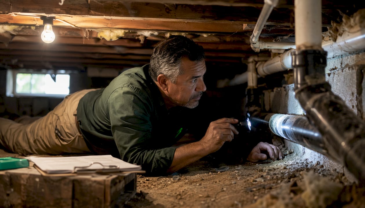 Home inspector examining attic wiring in house