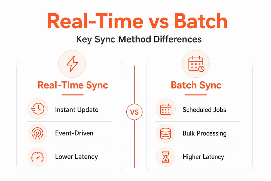 Infographic comparing real-time and batch sync methods