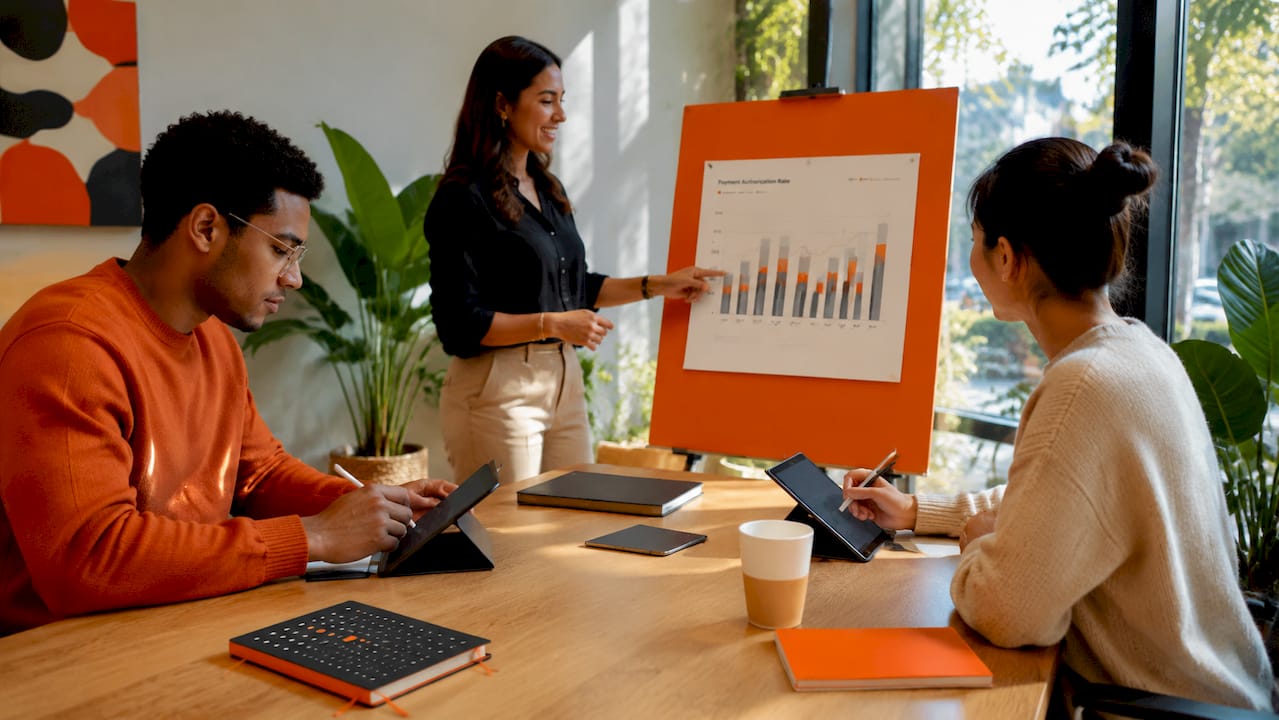 Hands pointing at payment authorization chart