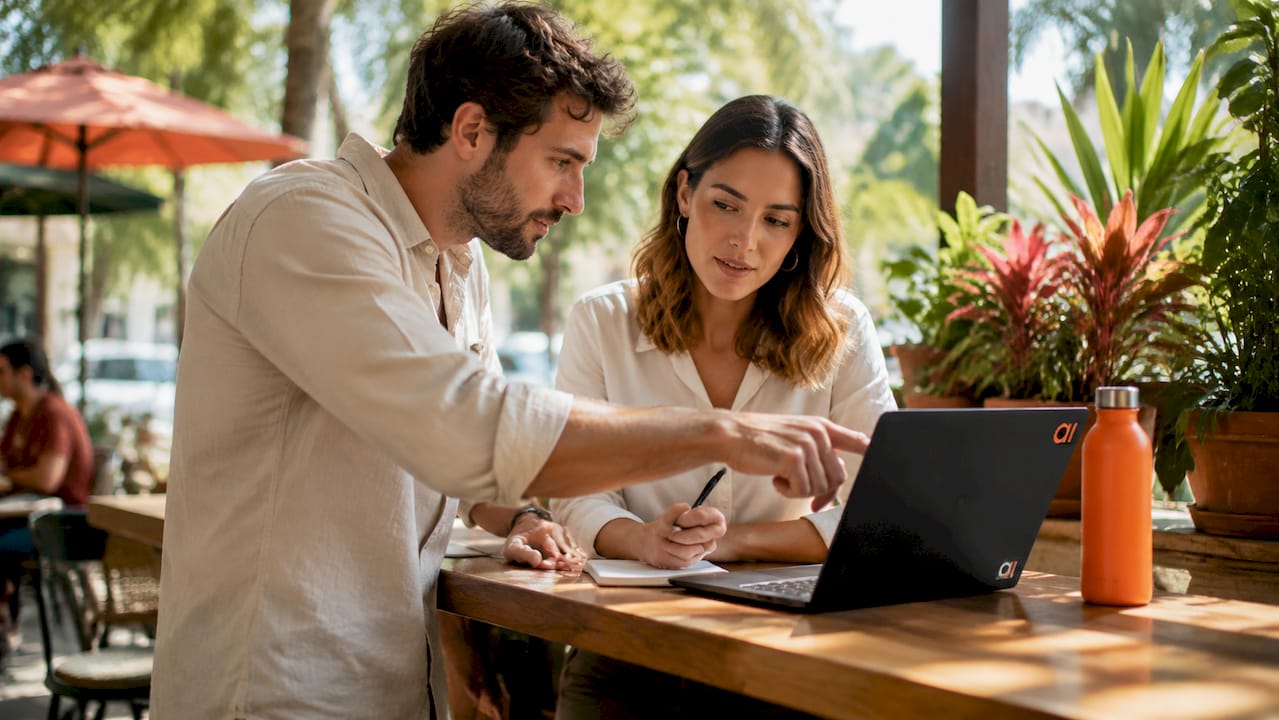 Two colleagues discussing CRM platform options
