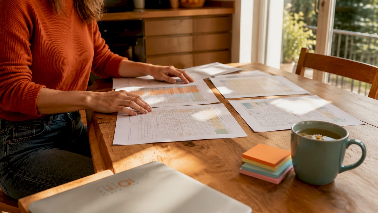 Hands organizing spreadsheet prep notes on table