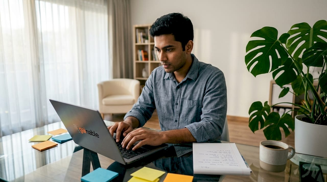 Focused professional typing at cluttered desk