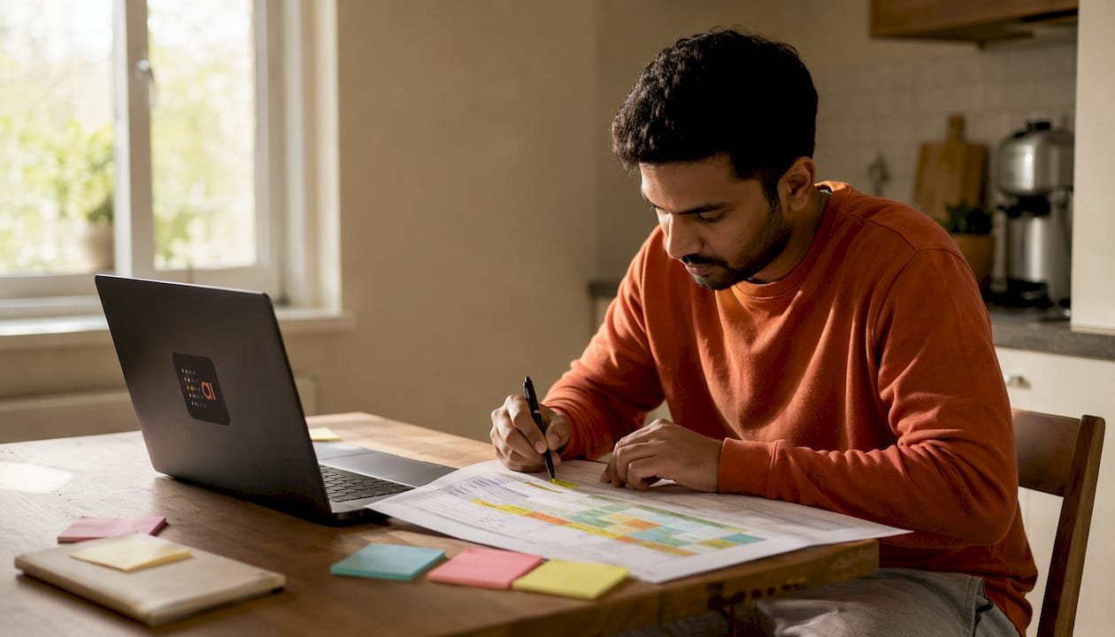 Hands pointing at printed spreadsheet in home office
