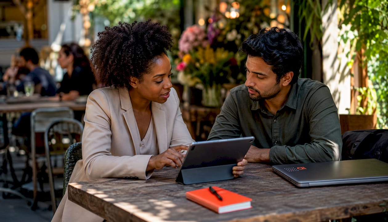 Two engineers discussing real-time sync tablet