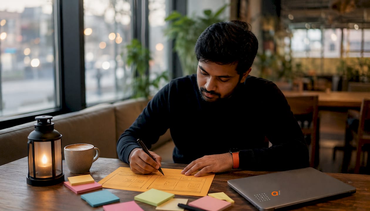 Man sketching dashboard layout in office