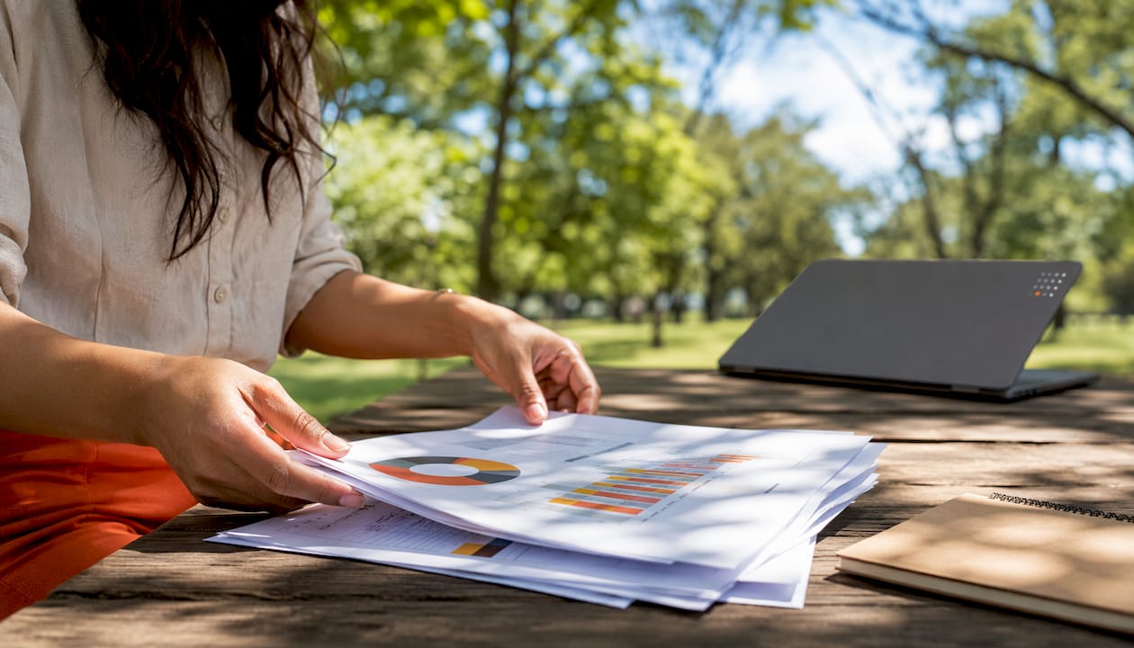 Hands arranging charts and reports on table