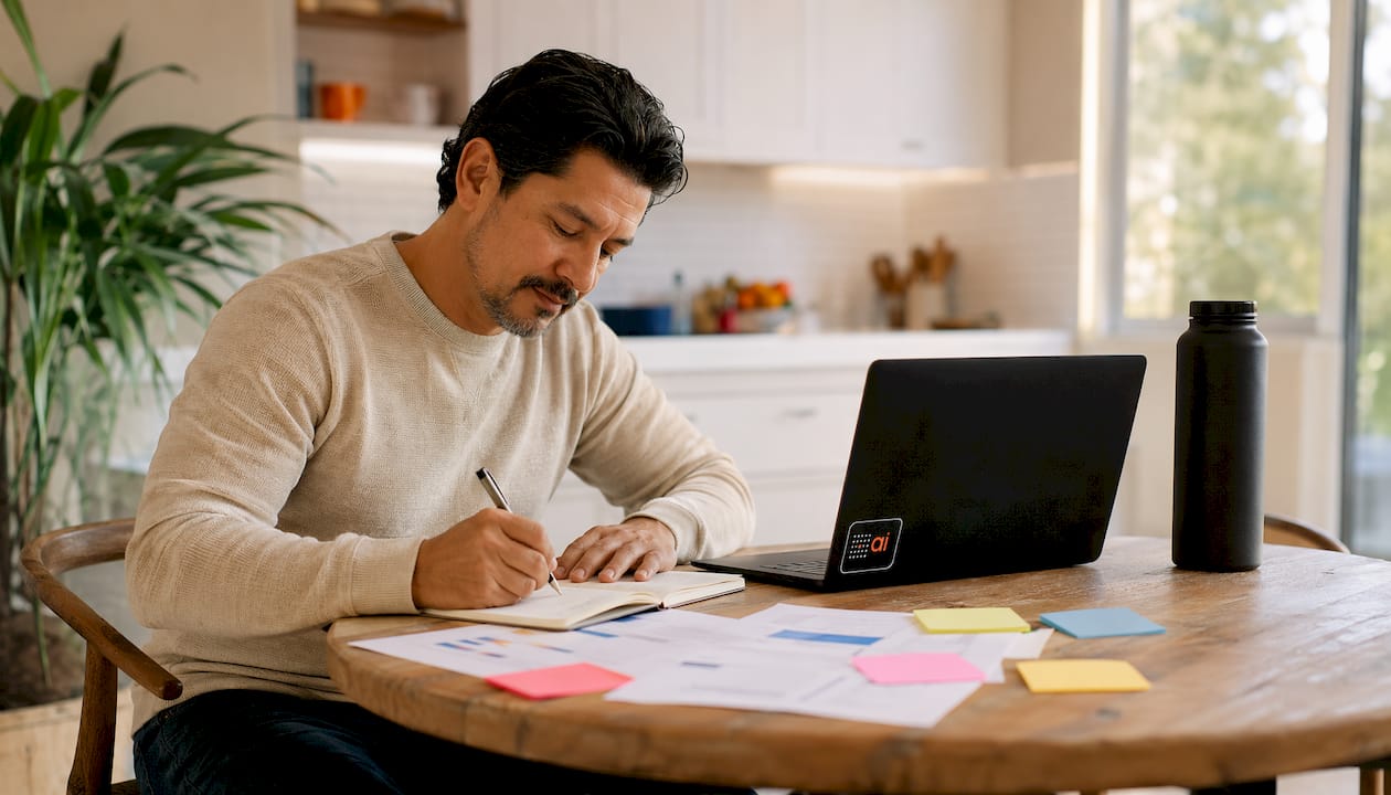 Man writing notes at home office table