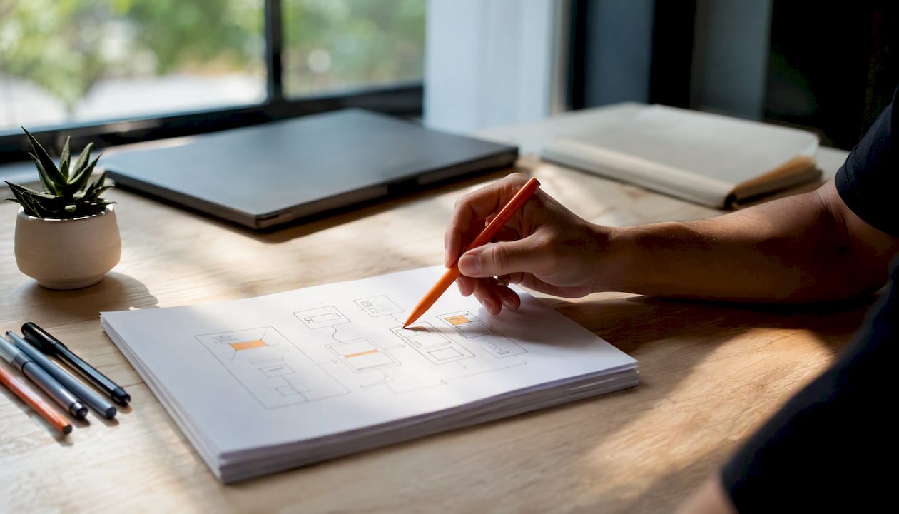 Hand pointing at app design sketches on desk