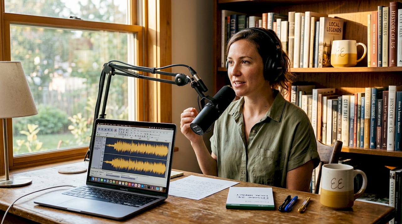 Small business owner recording podcast