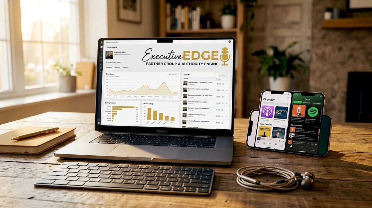 Laptop and phone showing podcast hosting platforms