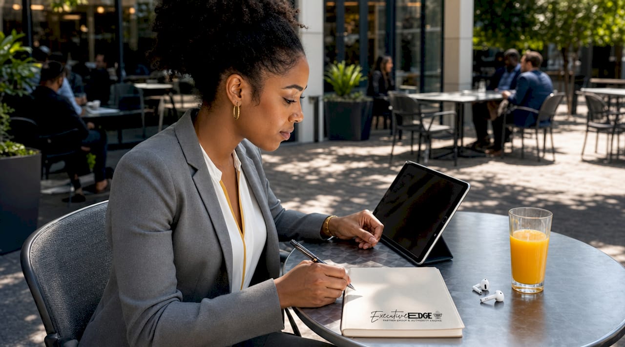 Female executive planning video content at café table