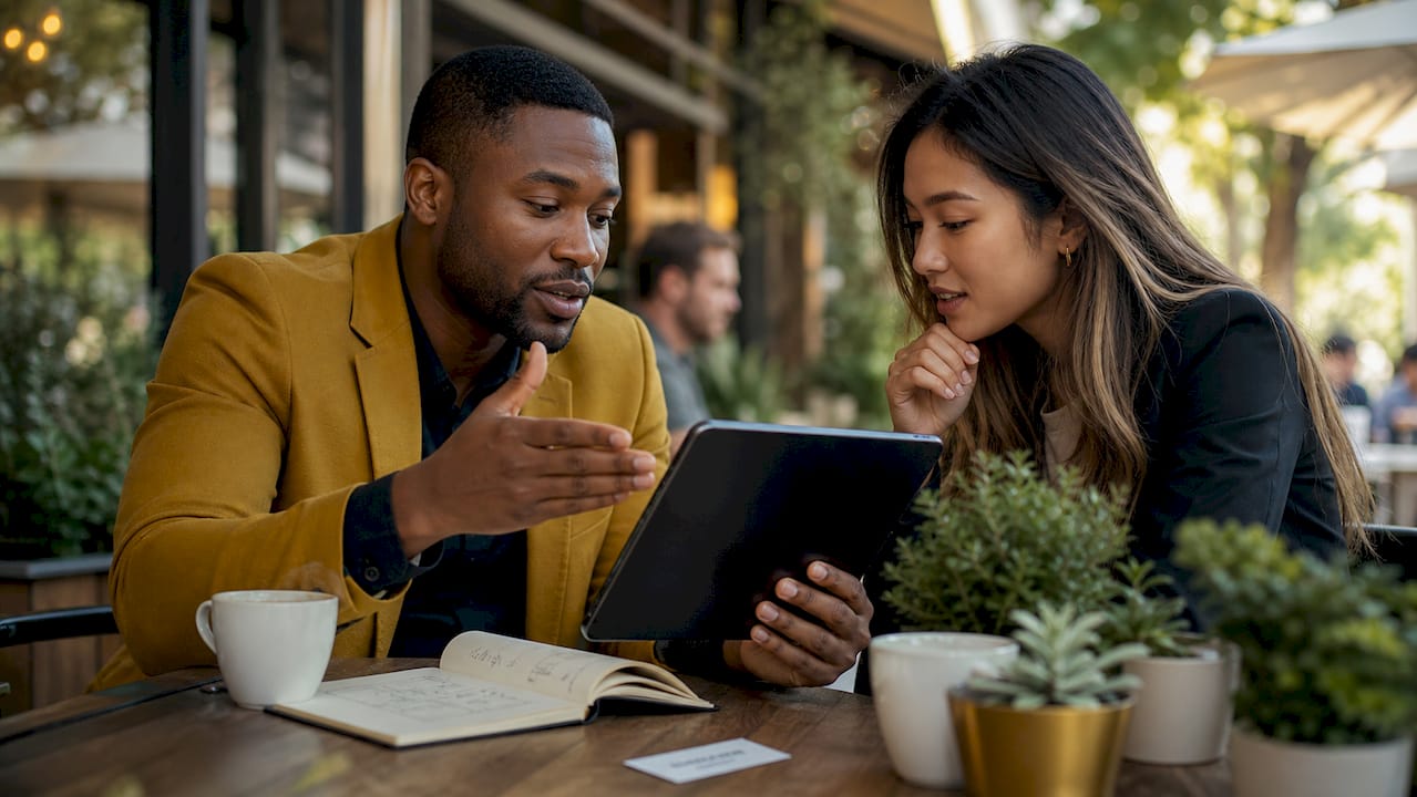 Two marketers discussing content timeline at home office