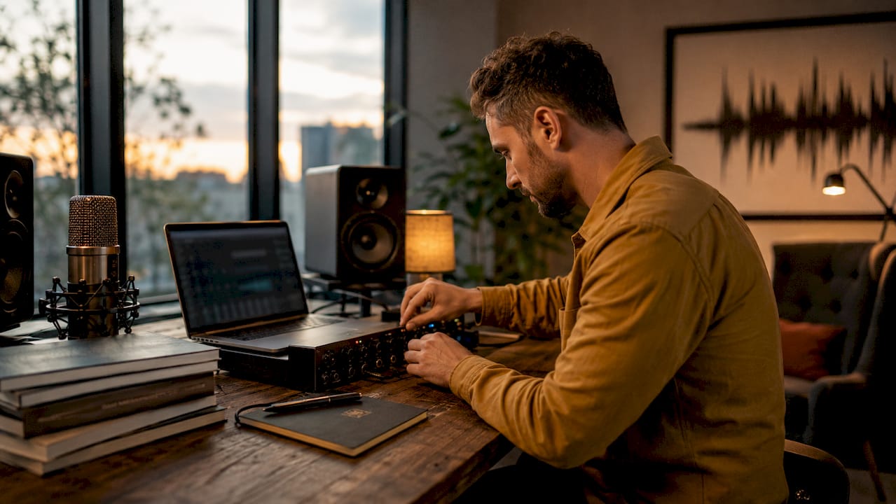 Hands adjusting audio interface in recording studio