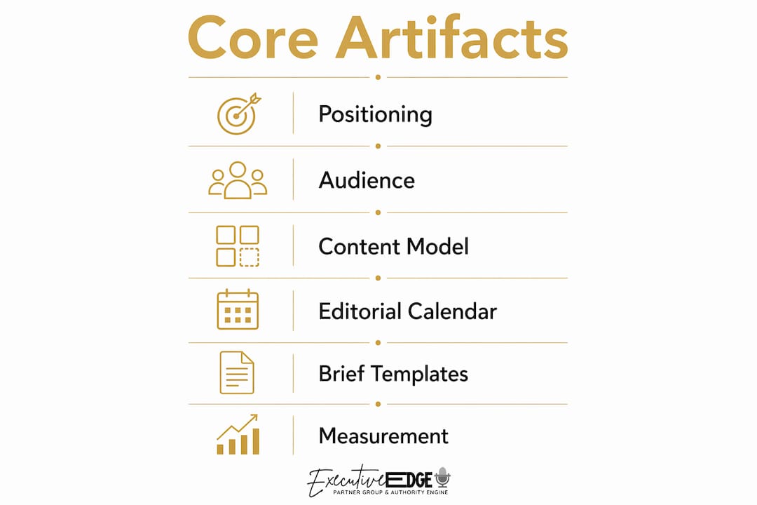 Infographic listing six core executive content strategy components