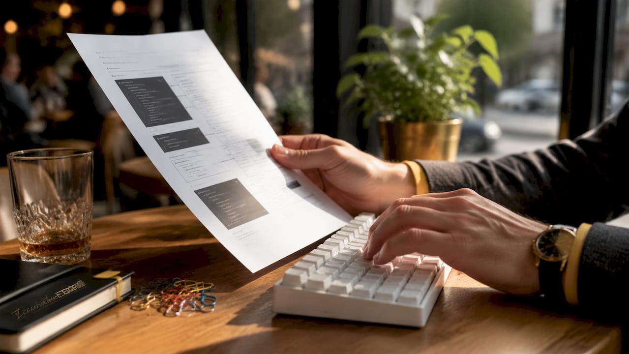Hands typing and reviewing technical AI setup document