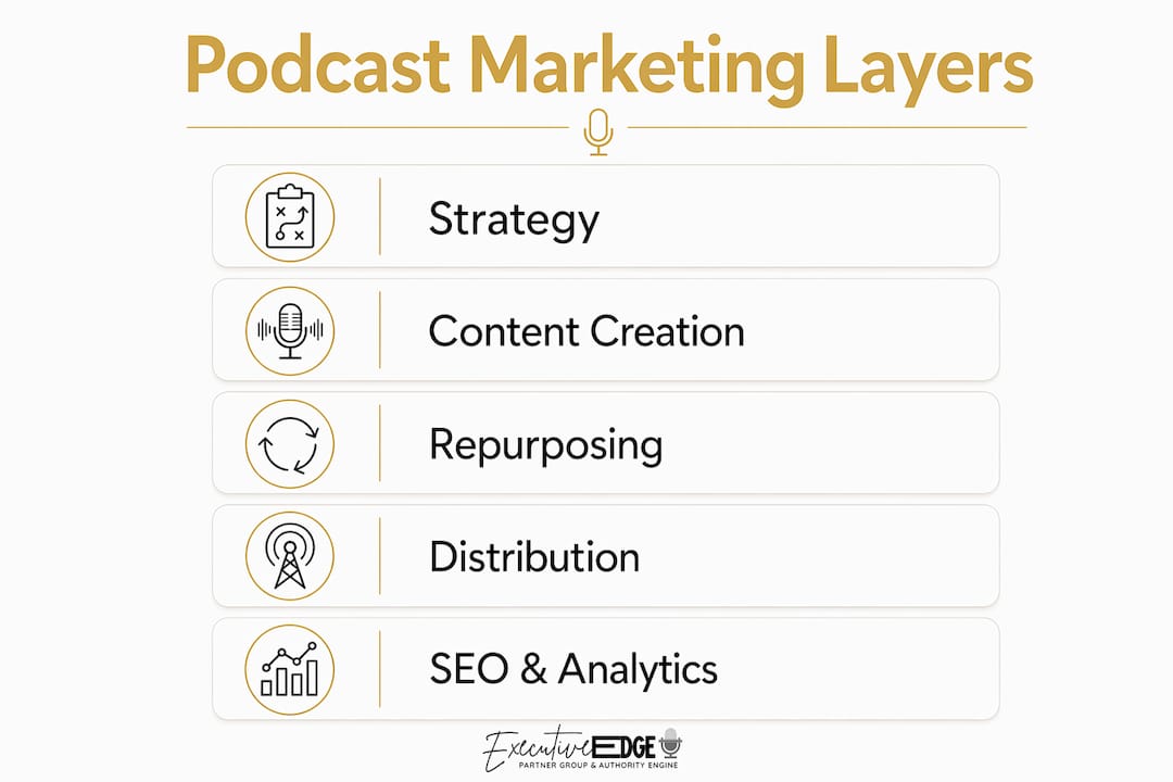 Infographic showing five layers of podcast marketing
