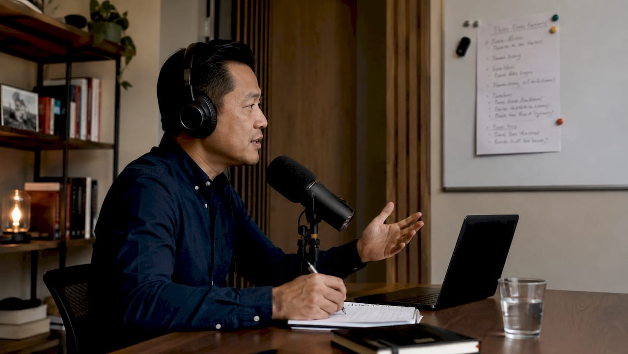 Man recording focused podcast episode in studio