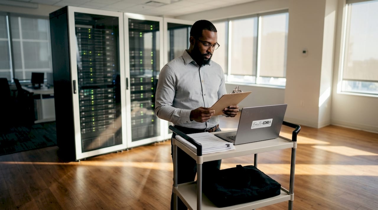 Man consulting clipboard by server racks