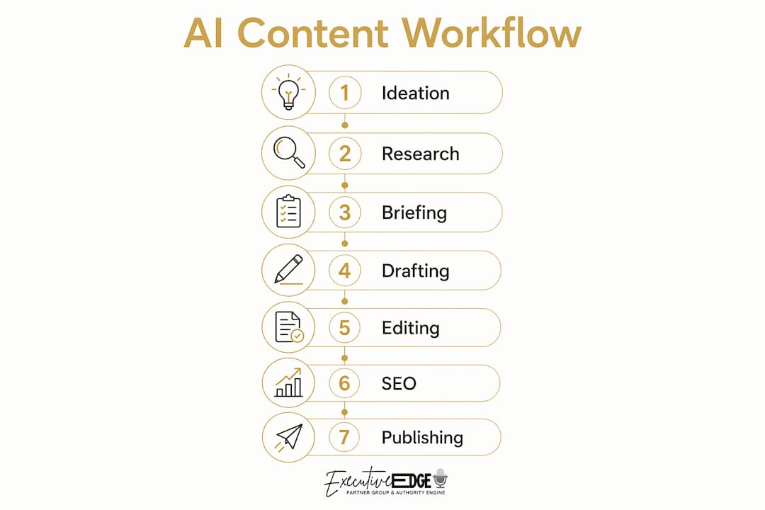 Vertical flow infographic of AI content workflow steps